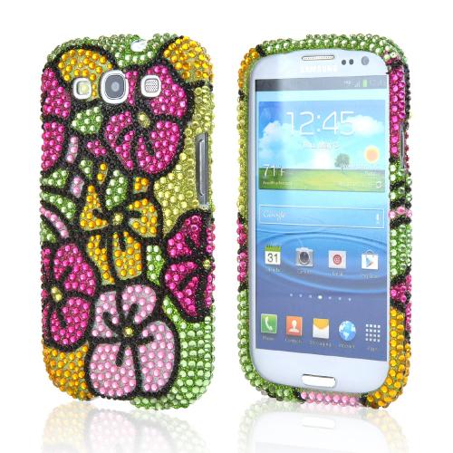 Samsung Galaxy S3 Bling Hard Case - Green/ Hot Pink/ Yellow Hawaiian Flowers