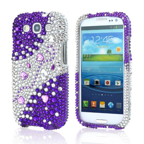 Samsung Galaxy S3 Bling Hard Case - Purple/ Silver Hearts & Gems