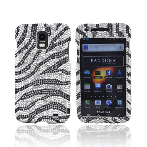 Samsung Galaxy S2 Skyrocket Bling Hard Case - Black Zebra on Silver Gems