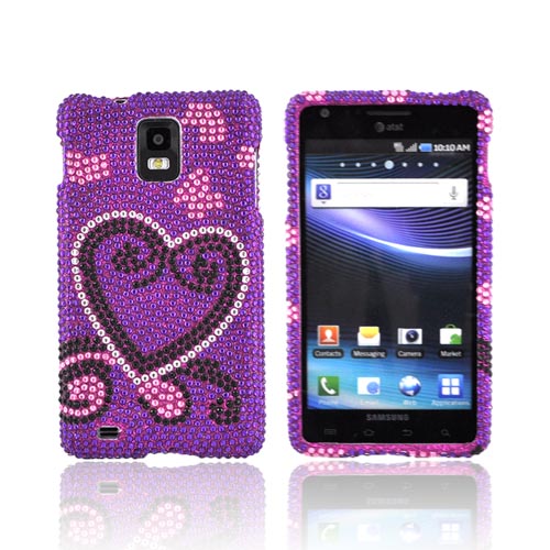 Samsung Infuse i997 Bling Hard Case - Silver/ Black Heart on Purple Gems