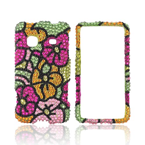 Samsung Galaxy Prevail M820 Bling Hard Case - Green/ Pink/ Yellow Hawaii Flowers