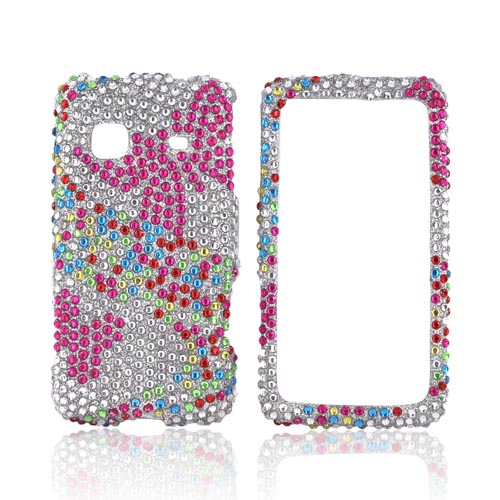 Samsung Galaxy Prevail M820 Bling Hard Case - Magenta Butterflies & Colorful Dots on Silver Gems