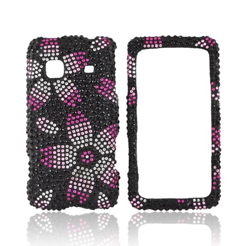 Samsung Galaxy Prevail M820 Bling Hard Case - Magenta/ Baby Pink/ Silver Flowers on Black Gems