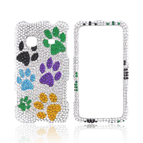 Samsung Galaxy Prevail M820 Bling Hard Case - Multi Color Paw Prints on Silver Gems