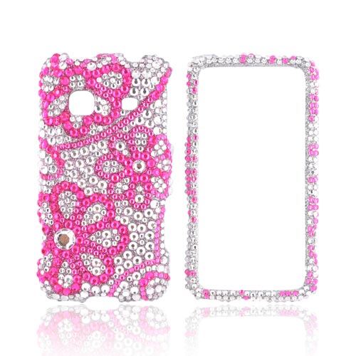 Samsung Galaxy Prevail M820 Bling Hard Case - Pink Lace Flowers on Silver Gems