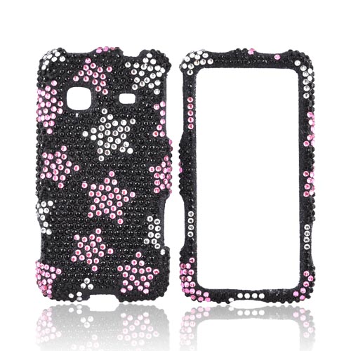 Samsung Galaxy Prevail M820 Bling Hard Case w/ Crowbar - Pink & Silver Stars on Black