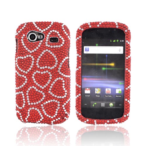 Google Nexus S Bling Hard Case - Silver Hearts on Red Gems