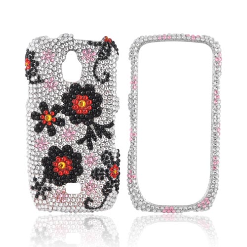 Samsung Exhibit T759 Bling Hard Case - Red/ Black Daisies on Silver Gems