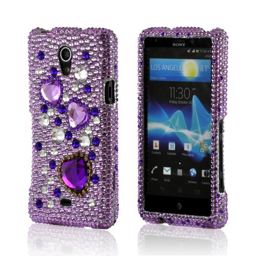 Purple Hearts on Purple/ Clear Gems Bling Hard Case for Sony Xperia TL