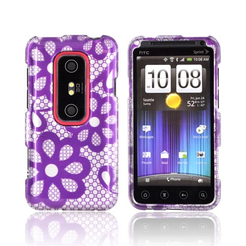 HTC EVO 3D Hard Case - Purple Flower Lace on Silver