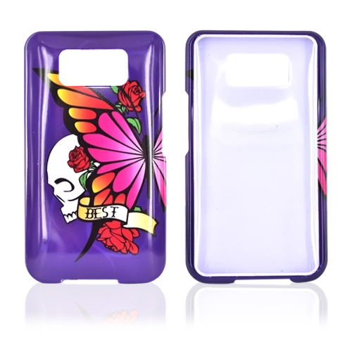 HTC HD2 Hard Case - Skull & Butterflies on Purple