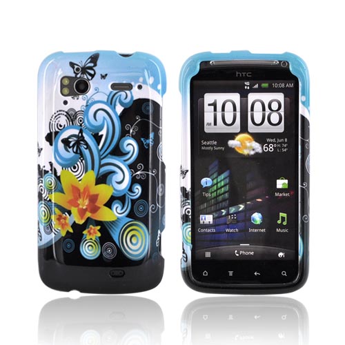 HTC Sensation 4G Hard Case - Yellow Lilly & Swirls on Turquoise/Black