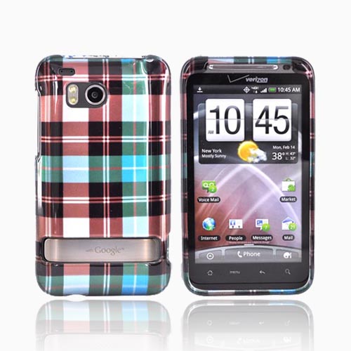 HTC Thunderbolt Hard Case - Plaid Pattern of Blue, Brown, and Silver