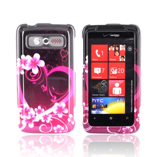 HTC Trophy Hard Case - Hot Pink/ Purple Flowers & Hearts