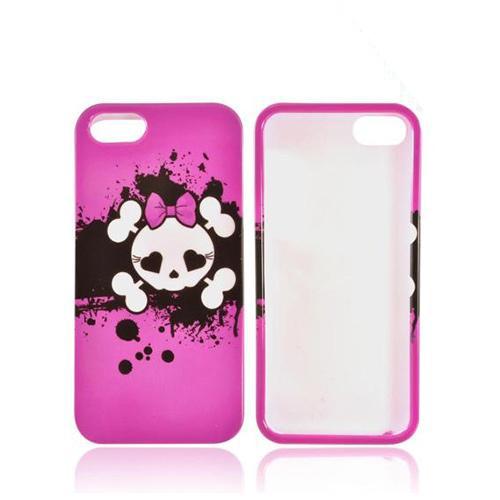 Apple iPhone 5/5S Hard Case - White Skull w/ Bow on Hot Pink