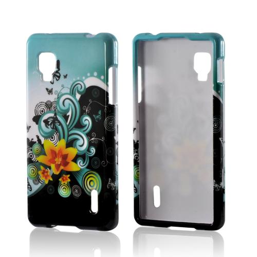 Yellow Lily w/ Swirls on Turquoise/ Black Hard Case for LG Optimus G (Sprint)