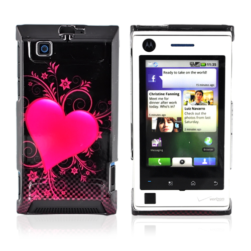 Motorola Devour A555 Hard Back Cover Case - Carbon Fiber w/ Pink Heart Design
