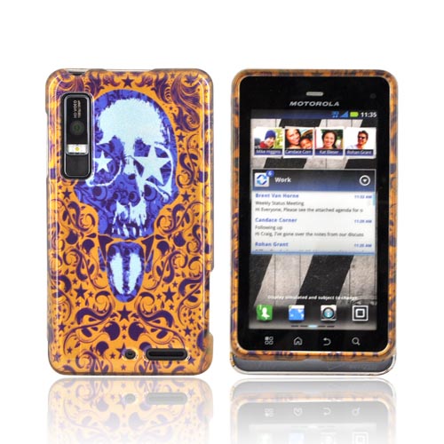 Motorola Droid 3 Hard Case - Blue Skull w/ Stars on Gold