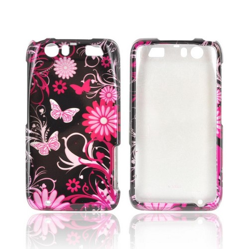 Motorola Atrix HD Hard Case - Pink Flowers & Butterflies on Black
