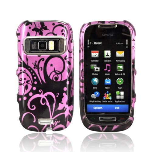 Nokia Astound C7-00 Hard Case - Black Swirls Design on Purple