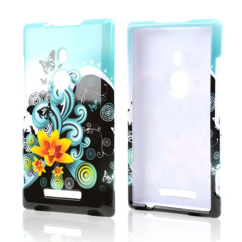 Yellow Lily w/ Swirls on Turquoise/ Black Hard Case for Nokia Lumia 925