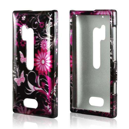 Pink Flowers & Butterflies on Black Hard Case for Nokia Lumia 928