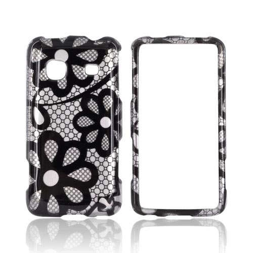 Samsung Galaxy Prevail M820 Hard Case - Black Lace Flowers on Silver