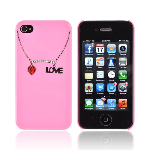 Premium AT&T/ Verizon Apple iPhone 4, iPhone 4S Hard Case w/ Bling - Pink/ Silver/ Red Love Necklace