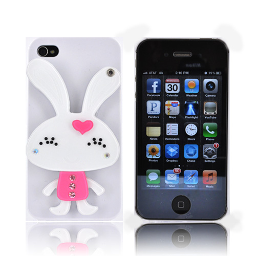 AT&T/ Verizon Apple iPhone 4, iPhone 4S Hard Case w/ Bling & Rotating Mirror - White/ Pink Rabbit