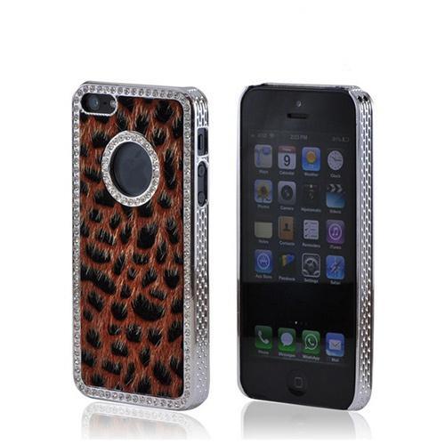 Apple iPhone 5/5S Faux Fur Hard Case w/ Bling - Burnt Orange/ Black Leopard
