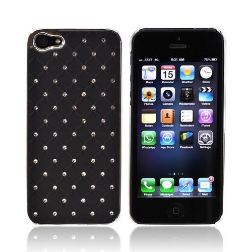 Apple iPhone 5/5S Hard Case w/ Bling & Faux Chrome - Silver Gems on Black