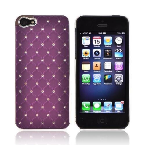 Apple iPhone 5/5S Hard Case w/ Bling & Faux Chrome - Silver Gems on Purple