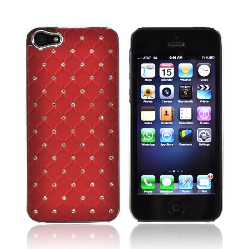 Apple iPhone 5/5S Hard Case w/ Bling & Faux Chrome - Silver Gems on Red