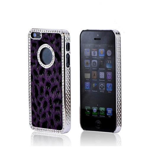 Apple iPhone 5/5S Faux Fur Hard Case w/ Bling - Purple/ Black Leopard
