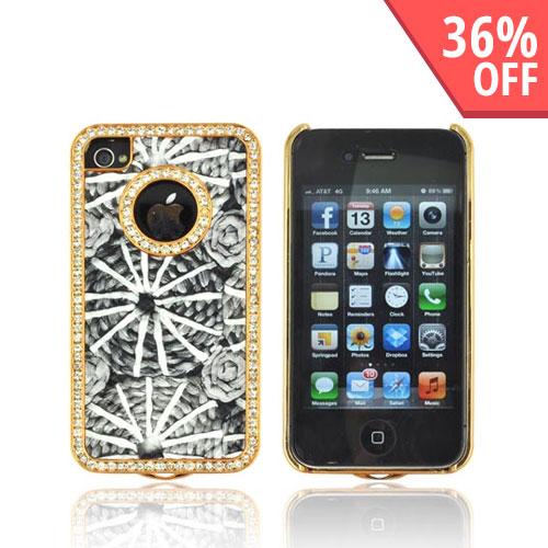 AT&T/ Verizon Apple iPhone 4, iPhone 4S Hard Case w/ Bling - Black & White w/ Gray Roses