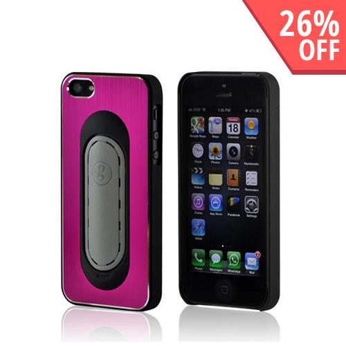 Hot Pink/ Black Hard Back Cover w/ Aluminum Back & Folding Kickstand for Apple iPhone 5/5S