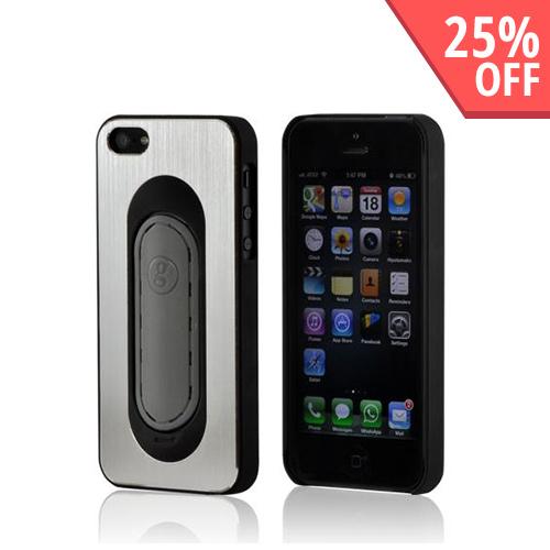 Silver/ Black Hard Back Cover w/ Aluminum Back & Folding Kickstand for Apple iPhone 5/5S