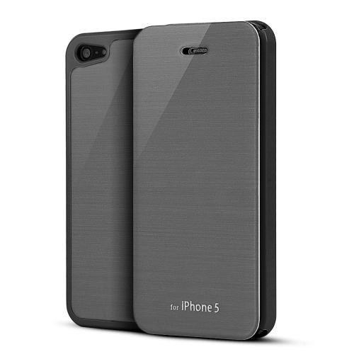 Dark Gray Diary Flip Cover Hard Case w/ ID Slot & Satin Cover for Apple iPhone 5/5S