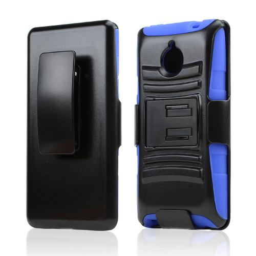 Black Hard Case w/ Kickstand on Blue Silicone Skin Case w/ Holster for HTC 8XT