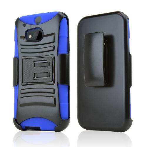 Black Hard Case w/ Kickstand on Blue Silicone Case w/ Holster for HTC One (M8)
