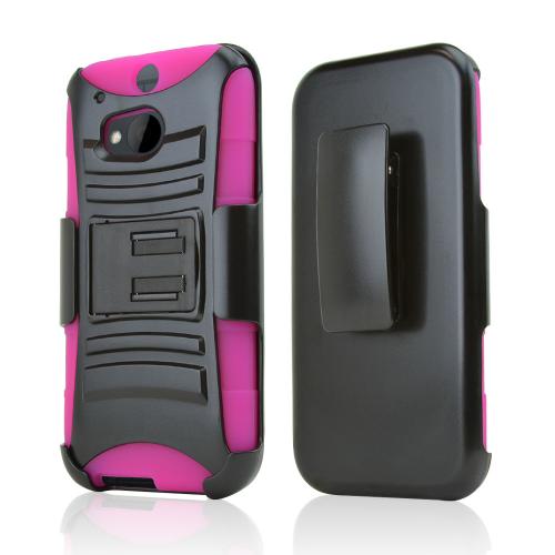 Black Hard Case w/ Kickstand on Hot Pink Silicone Case w/ Holster for HTC One (M8)