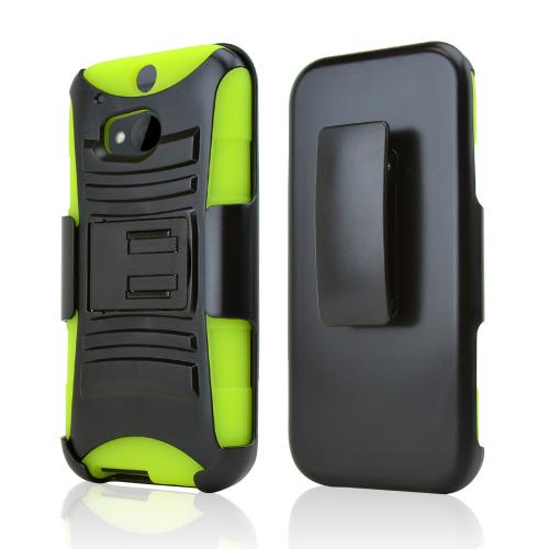 Black Hard Case w/ Kickstand on Neon Green Silicone Case w/ Holster for HTC One (M8)