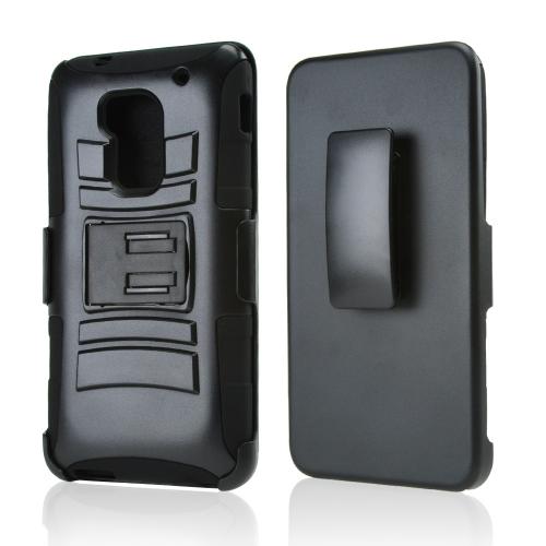 Black Hard Case w/ Kickstand on Black Silicone Skin Case w/ Holster for HTC One Max