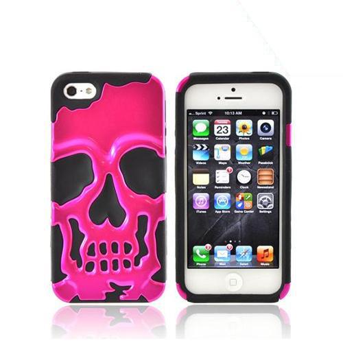 Apple iPhone 5/5S Hard Case Over Silicone - Hot Pink Skull on Black