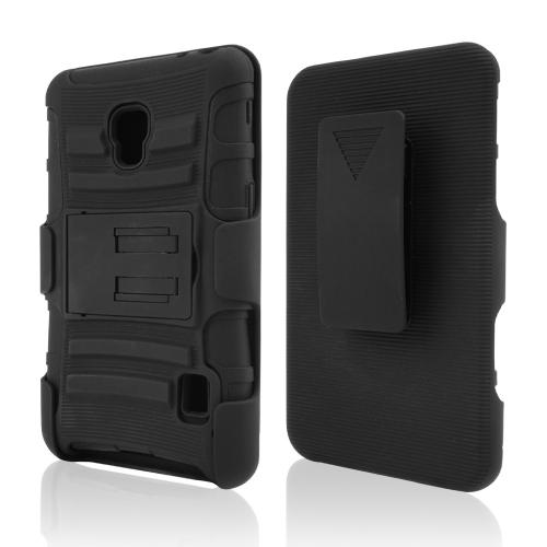 Black Hard Case w/ Kickstand on Black Silicone Skin Case w/ Holster for LG Optimus F6