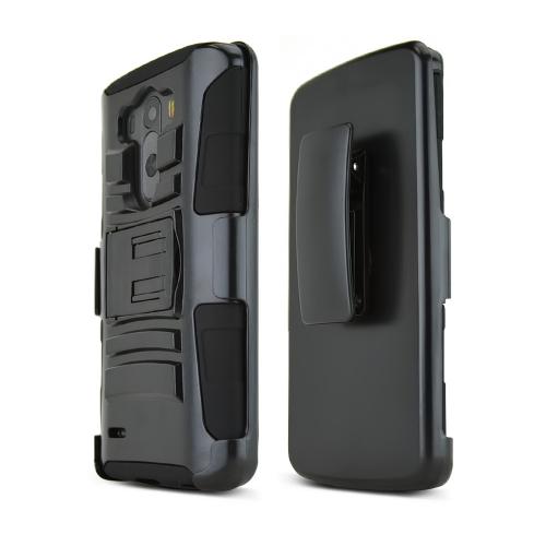 Black LG G3 Hard Case w/ Kickstand on Black Silicone Skin Case w/ Holster - Great Protection!