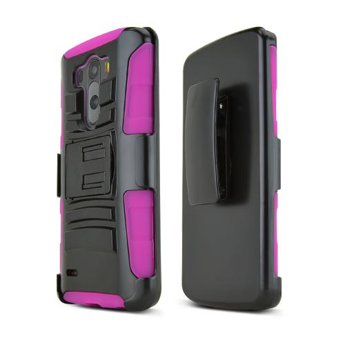 Black LG G3 Hard Case w/ Kickstand on Hot Pink Silicone Skin Case w/ Holster - Great Protection!