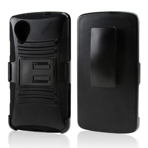Black Hard Case w/ Kickstand on Silicone Skin Case w/ Holster for LG Google Nexus 5 Black Hard Case w/ Kickstand on Silicone Skin Case w/ Holster for LG Google Nexus 5