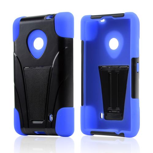 Black Hard Cover w/ Kickstand Over Blue Silicone Skin Case for Nokia Lumia 521