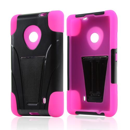 Black Hard Cover w/ Kickstand Over Hot Pink Silicone Skin Case for Nokia Lumia 521